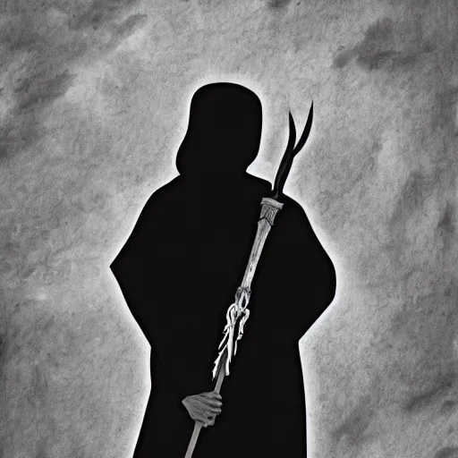 Image similar to a black figure in a grey cloak holding his black spear up to the sky, Digital art