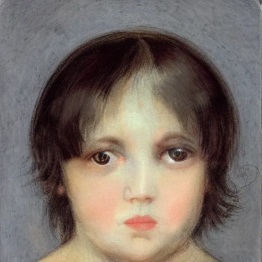 Prompt: paleskinned girl with dark hair and bangs. the corners of the eyes are turned down. there is a puncture in the nose and a ring is inserted by francisco goya