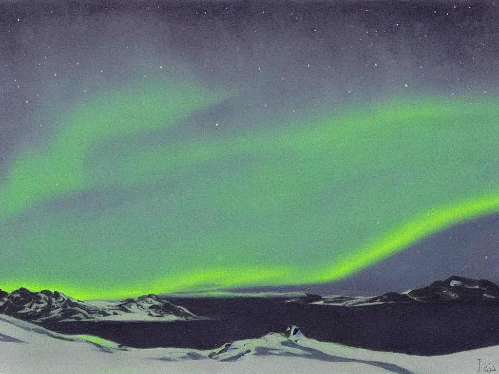 Prompt: northern lights in the art style of Theodor Kittelsen