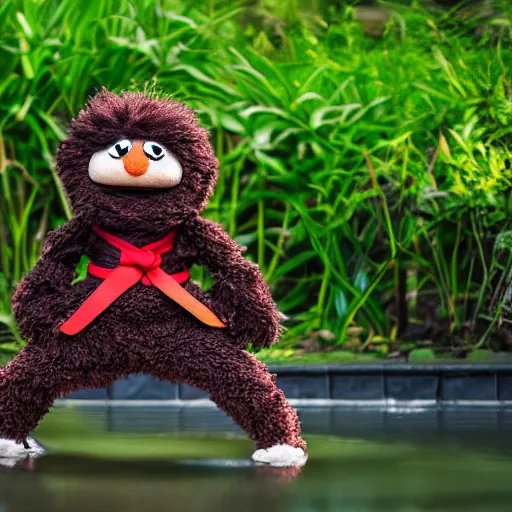 Image similar to a fluffy chocolate brown karate loving muppet bunny wearing cool black ninja clothes with a red belt and practicing her karate out in nature by a koi pond, photorealistic, photography, ambient occlusion, rtx, national geographic, sesame street