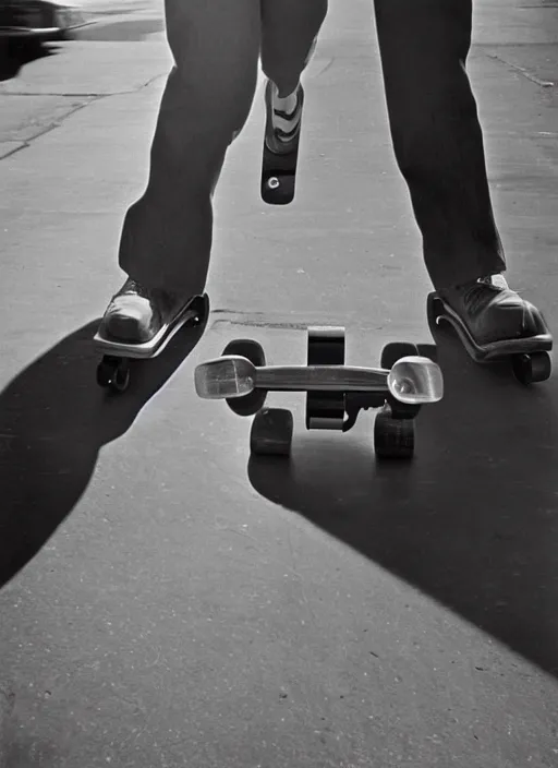 Prompt: 1 9 5 0 s beautiful woman on a skateboard by vivian maier. professional photography. hq