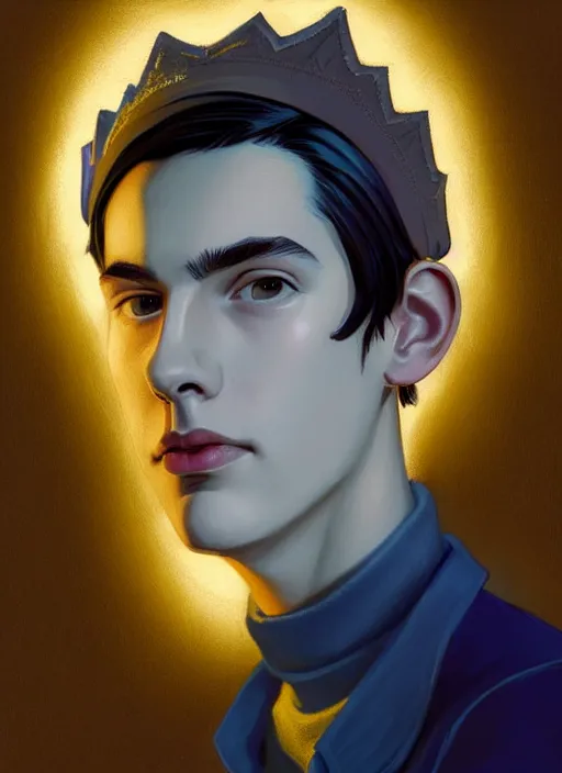 Image similar to portrait of teenage jughead jones wearing a light grey crown, crown, blue turtleneck, 1 9 5 0 s, closed eyes, photorealistic, black hair, glowing lighting, intricate, elegant, glowing lights, highly detailed, digital painting, artstation, concept art, smooth, sharp focus, illustration, art by wlop, mars ravelo and greg rutkowski