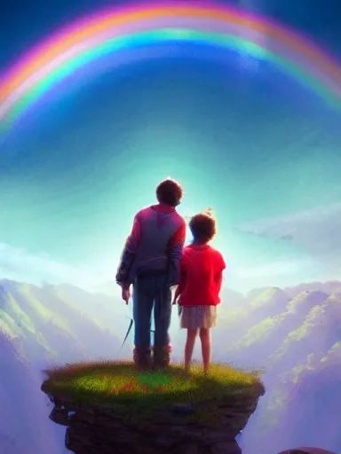 Image similar to dad. mom. kids. a happy familly looking at a distant rainbow. green valley horizon. intricate, elegant, highly detailed, digital painting, artstation, concept art, sharp focus, illustration, by justin gerard and artgerm, 8 k