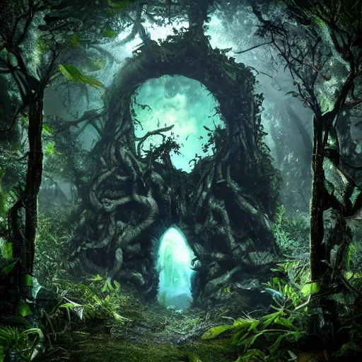 Prompt: horrific portal to hades embedded in a creepy tree in a densely overgrown, magical jungle, fantasy, dreamlike sunraise, ultra realistic, atmospheric, stopped in time, epic