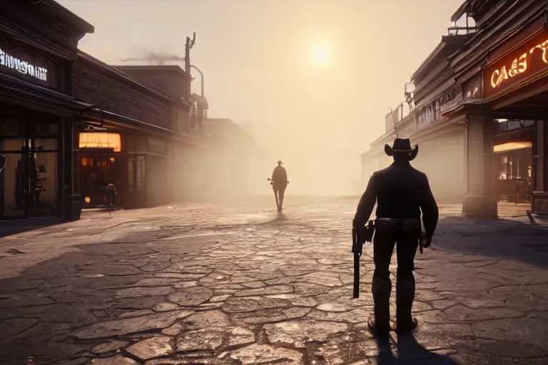 Image similar to photo from behind of a cowboy, carrying a gun, on a victorian shopping mall, cinematic lightning, ray tracing, unreal engine 5, photorealistic, 8 k, uhd, 4 k, red dead redemption 2 game concept, extremely detailed, beautiful, elegant, intricate, foggy, in - game footage