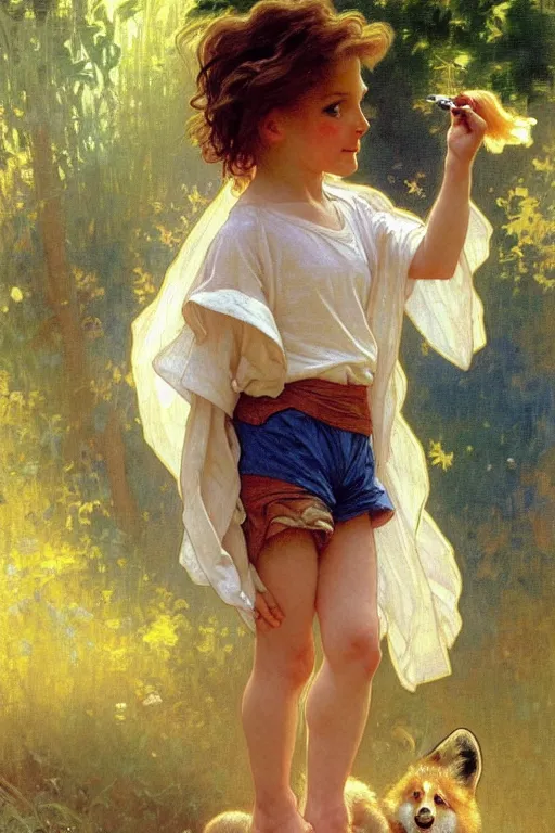 Prompt: a seven - year old with long curly dirty blonde hair, blue eyes, tan skin a tee shirt and shorts, playing with foxes, painting by daniel gerhartz, alphonse mucha, bouguereau, detailed art, artstation