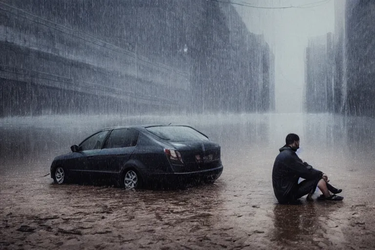 Image similar to a photo of heavy rain on a man sitting on a car in a sunken city, outdoor lighting, dynamic lighting, volumetric, wide angle, anamorphic lens, go pro, 4k