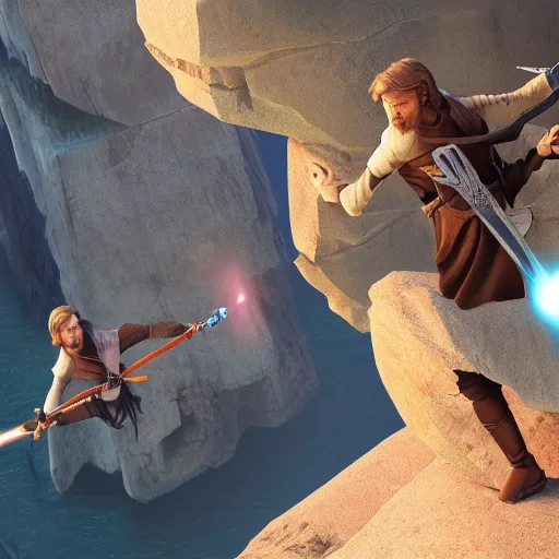 Image similar to anakin skywalker and obi wan kenobi engaging in an epic duel on a cliffside, epic, fantasy artwork, intense, cinematic, raytracing, dynamic lighting, 4 k