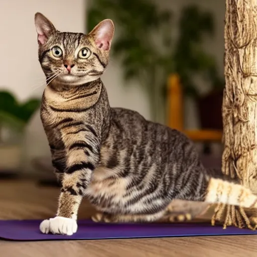 Image similar to highly detailed anthropomorphic cat doing yoga poses on long and thin scratchpost