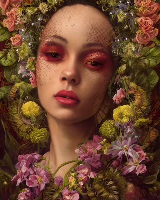 Image similar to portrait of the mulatto queen of the underworld, surrounded by flowers by karol bak, james jean, tom bagshaw, rococo, sharp focus, trending on artstation, cinematic lighting, hyper realism, octane render, 8 k, hyper detailed.