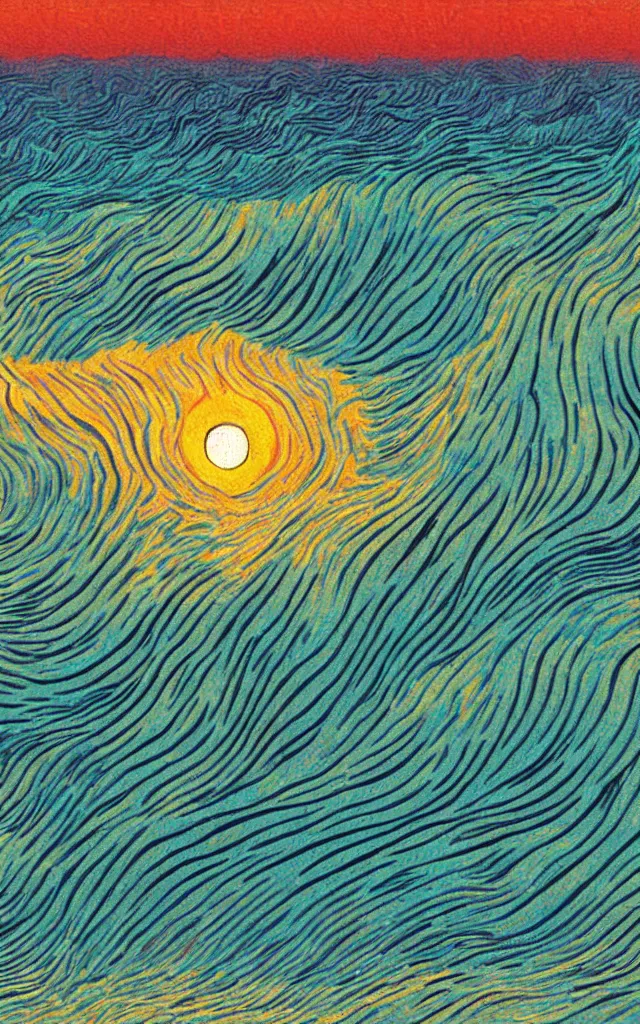 Image similar to a beautiful sunset on a beach, fractal waves. retro minimalist art by jean giraud and van gogh.