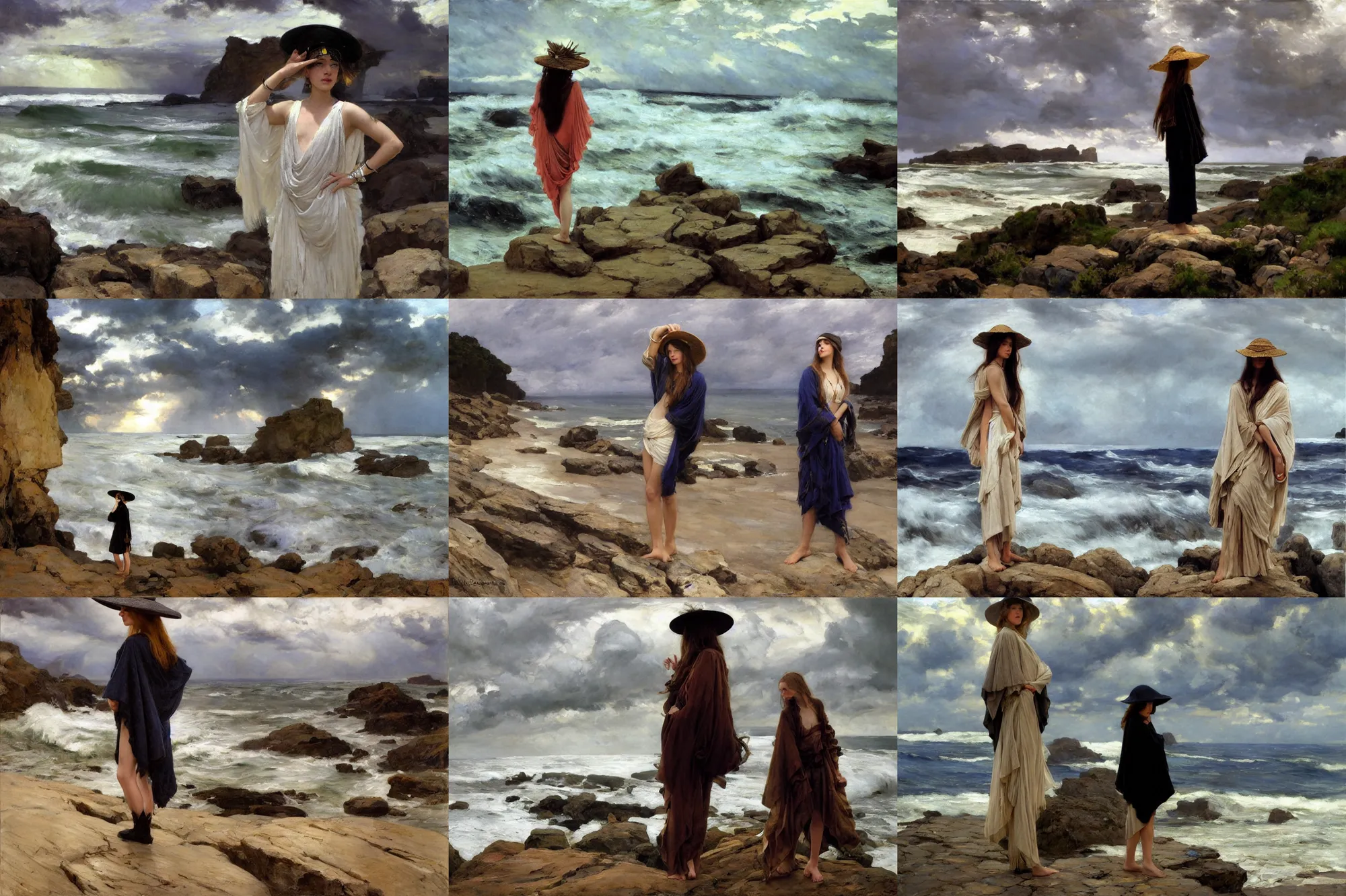 Prompt: dramatic light, thunder clouds in the sky, stormy sea by frederick judd waugh, simple form, brutal shapes, shaman, portrait of single fashionable young woman wearing rich jewerly hat and boho poncho, pixiv, standing pose on stones, 1970s fashion, anime, studio ghiblil, artwork by Joaquin Sorolla and john william waterhouse and Denis Sarazhin and James Jean and klimt and rhads and van gogh and Dean Ellis and Detmold Charles Maurice