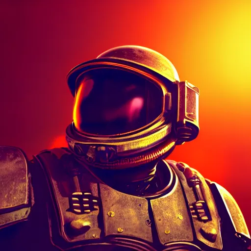 Image similar to spacemarine spacehelmet, dark armor, glowing neon orange details, full body, dark space background, clear lines, cinematic lighting, 4k, hyperrealistic, god rays, high details, unreal engine 5, cinematic