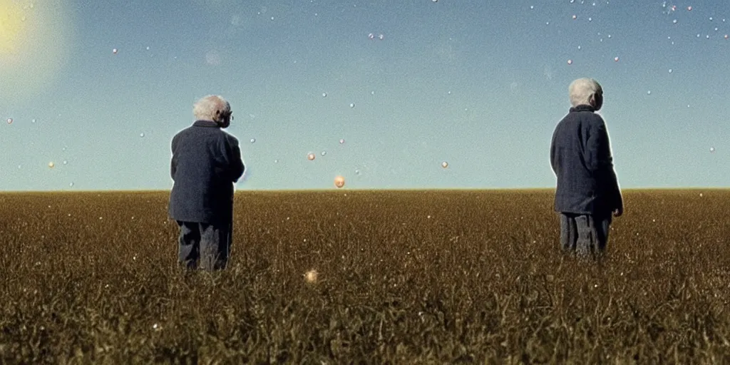 Prompt: an old man in a field looking at multiverse bubbles in the sky, scene from a stanley kubrick movie, in color