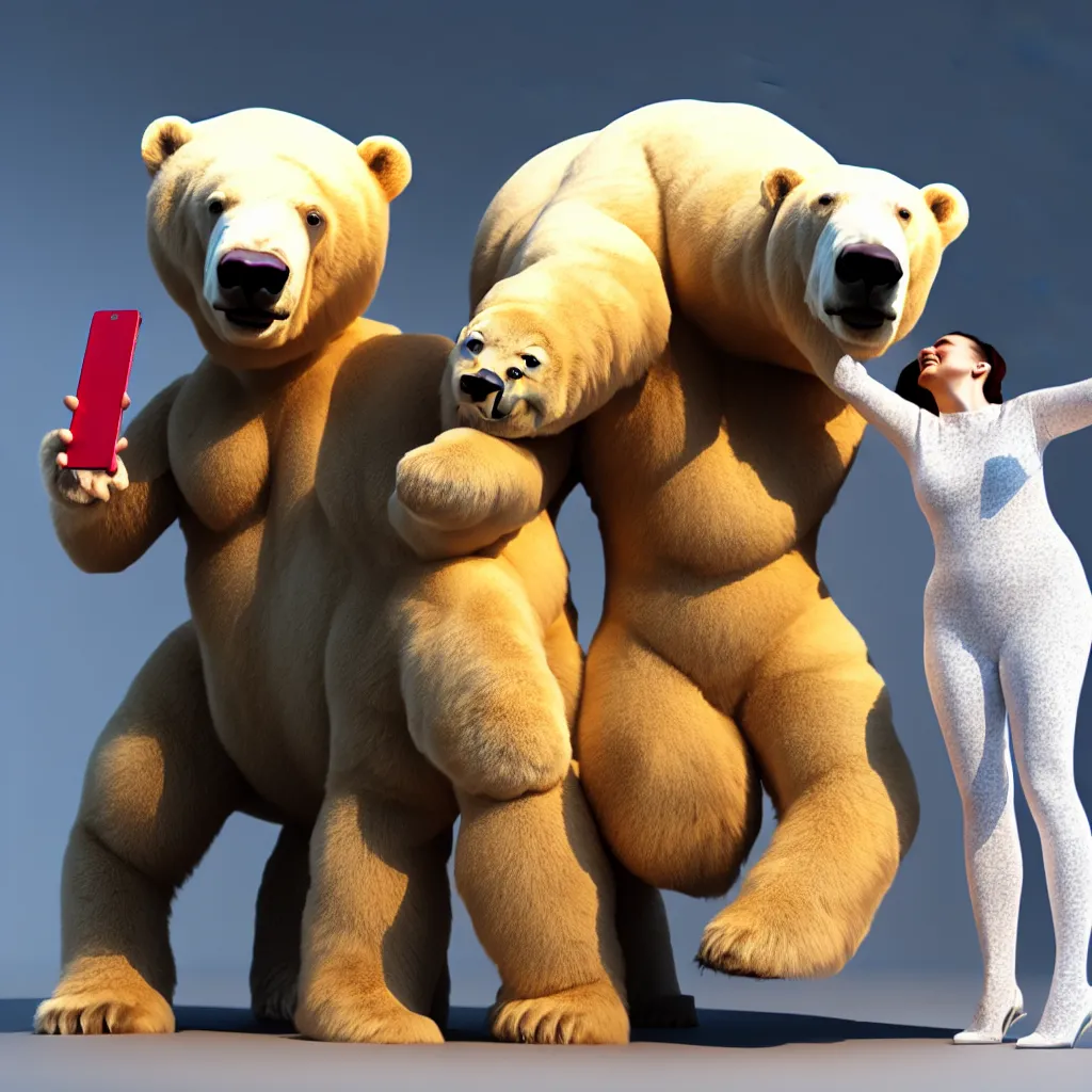 Prompt: digital art, 3 d render, studio lighting, a giant polar bear taking a selfie with a person covered in chocolate