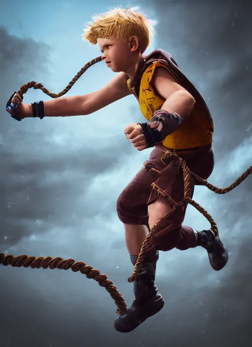 Image similar to An epic fantasy comic book style portrait painting of a young blonde boy thief launching grappling rope from a device worn on his wrist, unreal 5, DAZ, hyperrealistic, octane render, cosplay, RPG portrait, dynamic lighting