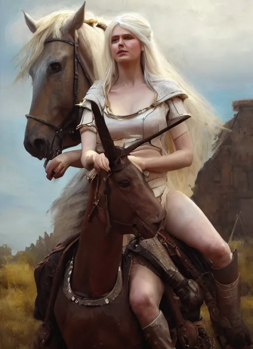 Image similar to painting of lady godiva with ciri from the witcher. by Daniel F. Gerhartz, hyperrealistic oil painting, 4k, very detailed faces, studio lightning