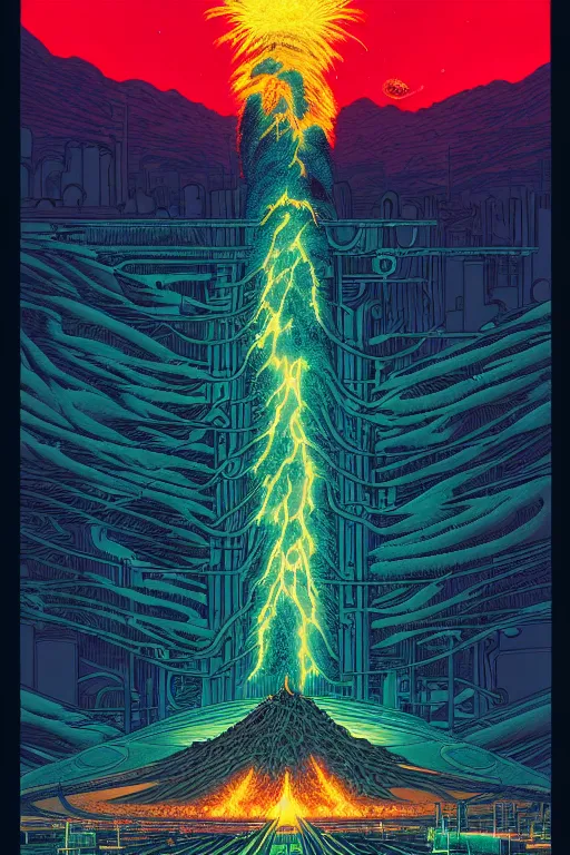 Image similar to artwork by kilian eng and ( dan mumford ) and toshi yoshida and franklin booth showing a gigantic futuristic powerstation!! in front of a ( ( exploding volcano ) ), vintage scifi, high details, dramatic lightning,, 8 k