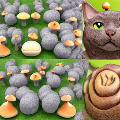 Image similar to cat like mushrooms, cat - faced mushroom, trending on instagram, stop motion, sumerian, rendered in corel art, pixar