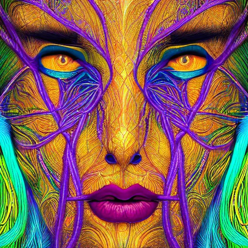 Prompt: a majestic portrait of a woman with her vascular structure connected to aws logo, digital painting, high detail, 8 k, intricate ornamental details, vibrant iridescent colors, green magenta and gold