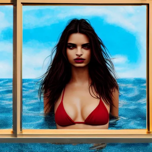 Prompt: Emily Ratajkowski model with beautiful face and full physically accurate body laying in a blood red pool of water between a bright golden glowing mirror frame, outside is space and inside the mirror frame is a beautiful landscape. Hyperrealistic surreal 4K IMAX Rene Margritte, intricate, elegant, highly detailed, digital painting, artstation, concept art, smooth, sharp focus, illustration, art by artgerm, Francis bacon, HR Giger and greg rutkowski and alphonse mucha