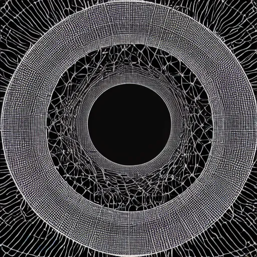 Image similar to a highly detailed artwork of a black hole inside a golden dodecahedron wireframe structure