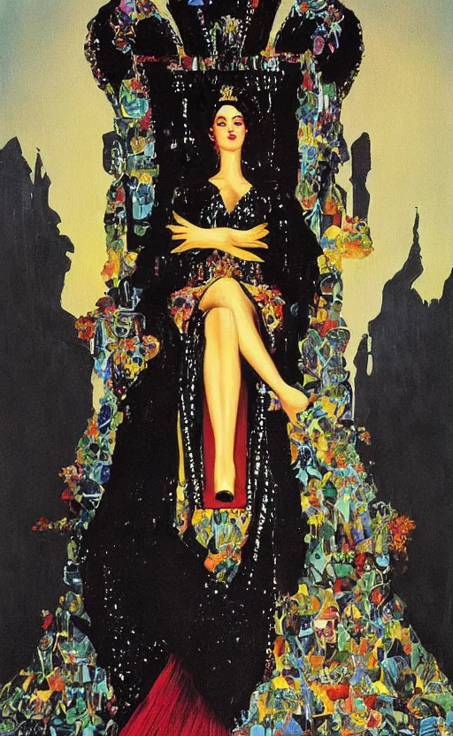 Prompt: an oil painting of a queen in a black funeral dress sitting on a throne, by bruce pennington, by eyvind earle