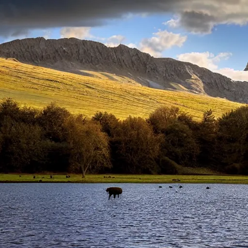 Image similar to a beautiful landscape with a lake, sheep grazing, cinematic light, long shadows,