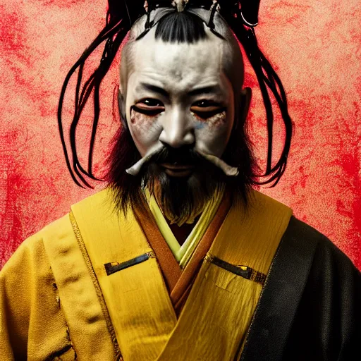 Prompt: ! dream portrait of old samurai with a goat beard, ready to fight, goth punk, vibrant yellow, colors, surreal, a french baroque by by alexander mcqueen, hyper detailed, very detailed, photograph, cinematic lighting, photorealistic, octane render, red backdrop