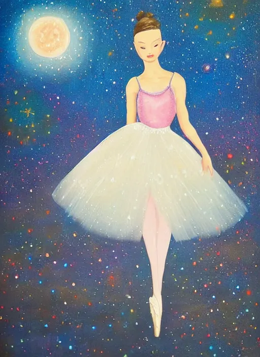 Image similar to ballerina in a dress looking at a starry sky, galaxy, beautiful, painting, highly detailed, soft light