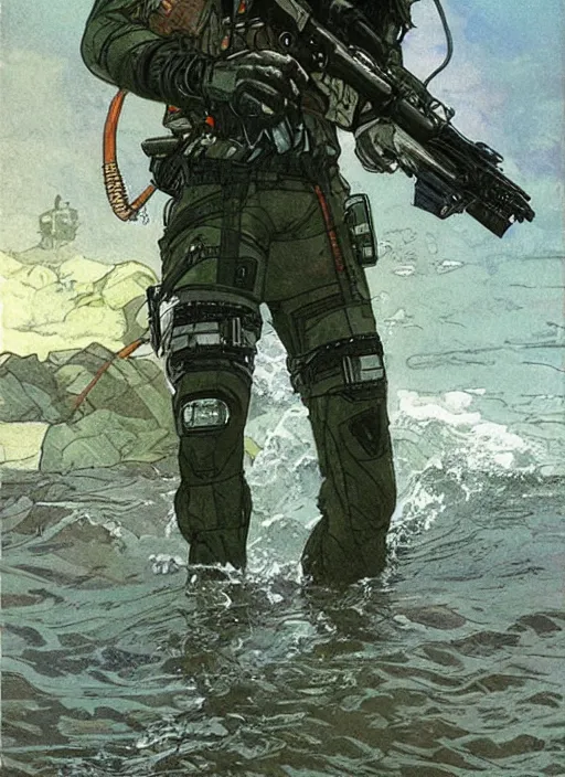 Prompt: Hector. USN blackops operator emerging from water at the shoreline. Agent wearing Futuristic stealth suit and looking at an abandoned shipyard. rb6s, MGS, and splinter cell Concept art by James Gurney, Alphonso Mucha. Vivid color scheme.