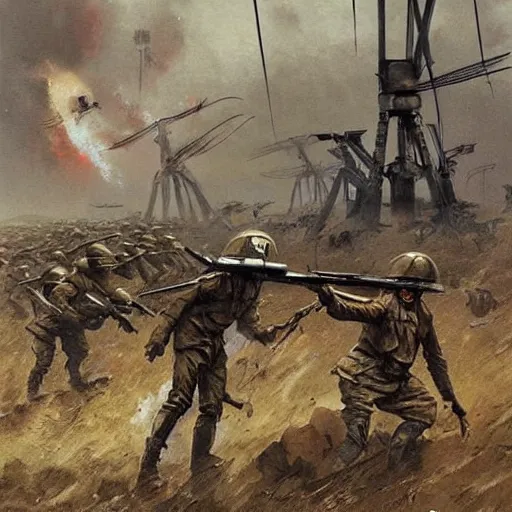 Prompt: war of the worlds, martian tripods attack russian ww i army, intense fighting, dital painting, very detailed, art by jakub rozalski