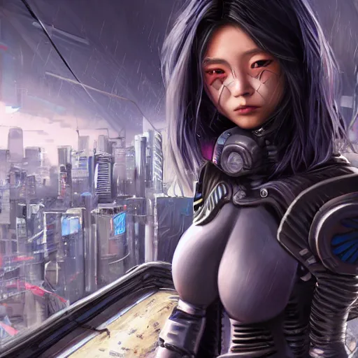 Image similar to An epic fantastic ultrarealism comic book style portrait painting of a female cyberpunk armor ninja, no face mask, tzuyu from twice, ultradetailed face by WLOP, blue and ice silver color armor, cyberpunk feel raining at tokyo rooftop, Concept world Art, unreal 5, DAZ, 8k, hyperrealistic, octane render, cosplay, RPG portrait, final fantasy artwork concept, dramatic lighting, rim lights