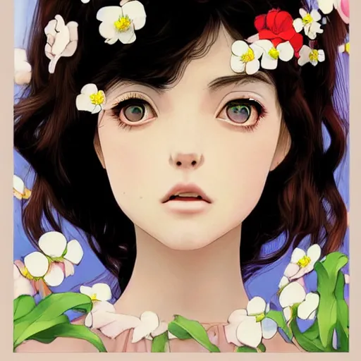 Image similar to little brunette girl with flowers in hair wearing an white dress. art by ilya kuvshinov, profile picture, inspired in hirohiko araki, highly detailed, 8 0 s anime art style, vogue cover