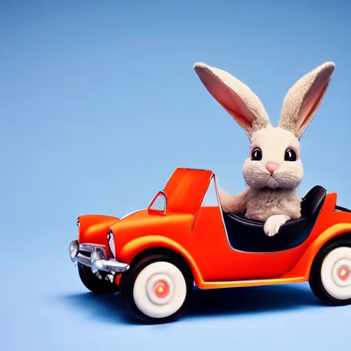 Prompt: a cute bunny driving miniture convertible, studio photo, high quality