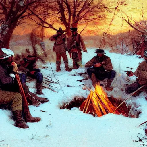 Image similar to civil war soldiers hunkering down in a trench in the snow, huddled around a small campfire for warmth at dusk. warm colors, hard angles, painting by gaston bussiere, craig mullins, j. c. leyendecker