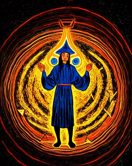 Prompt: enamel painting of mage reciting an incantation and standing on glowing circular runes in the middle of dark room, high production value, intricate details, high resolution, hyperrealistic, hdr, high definition, masterpiece, ultra realistic, highly detailed, hd, sharp focus, non blurry, sharp, smooth