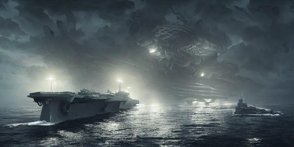 Prompt: an aircraft carrier next to a lovecraftian monster in a dark stormy ocean illuminated by spotlights, hyperrealistic, intricate detail, volumetric lighting, octane render, trending on artstation