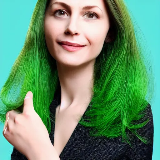 Image similar to french portait of women, green long hair, business women style