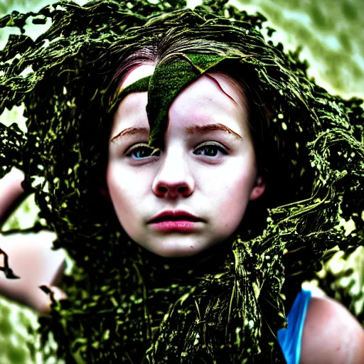 Image similar to a girl wrapped in seaweed, photograph, 4 k