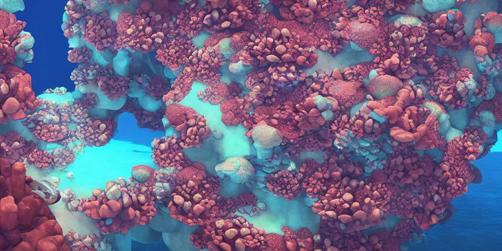 Prompt: a first person perspective beautiful digital illustration of a domed underwater city on a vibrant coral reef by beeple | Byzantine architecture, made of coral | cinematic | unreal engine | octane | photorealistic |