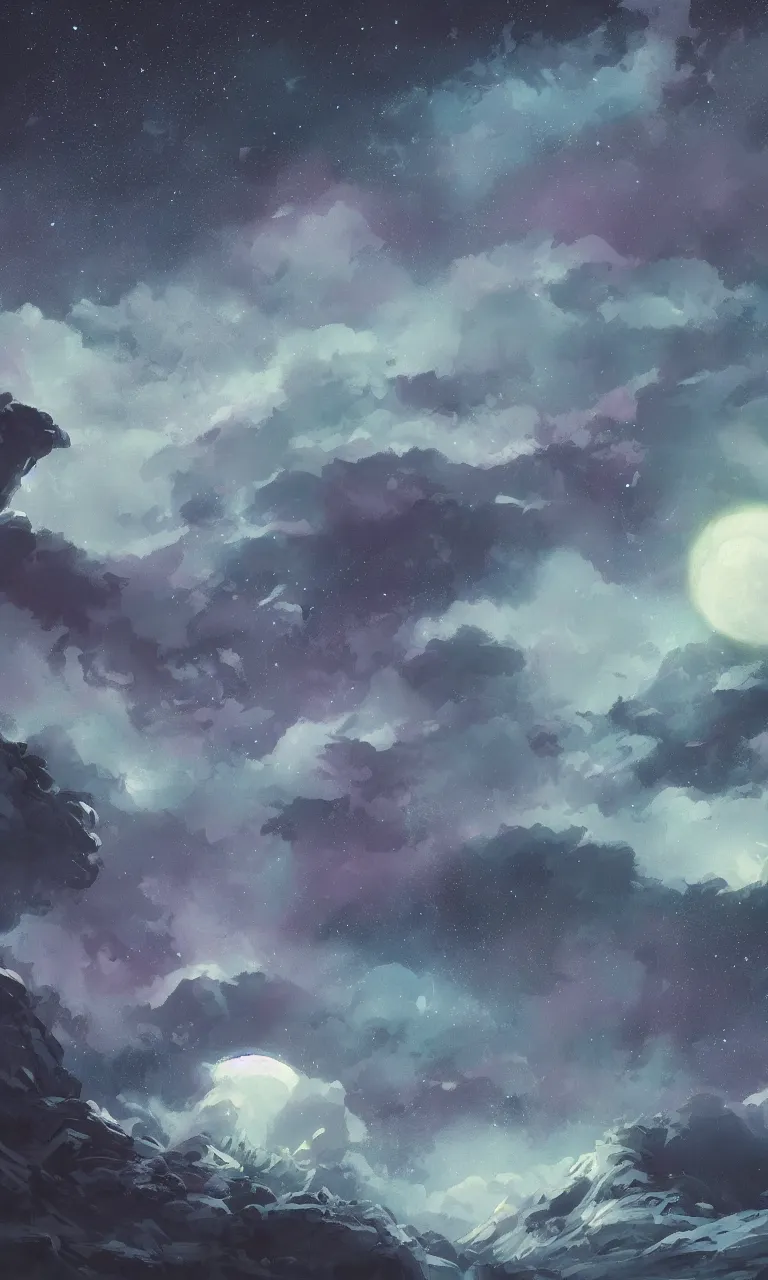 Prompt: a beautiful painting of ice age, starry sky, moon ， cloud, by liam wong and yuumei and yanjun chen, trending on artstation