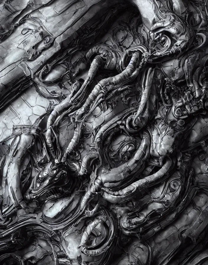 Image similar to engineer prometheus, xenomorph alien, highly detailed, symmetrical long head, smooth marble surfaces, detailed ink illustration, raiden metal gear, cinematic smooth stone, deep aesthetic, concept art, post process, 4k, carved marble texture and silk cloth, latex skin, highly ornate intricate details, prometheus, evil, moody lighting, hr geiger, hayao miyazaki, indsutrial Steampunk