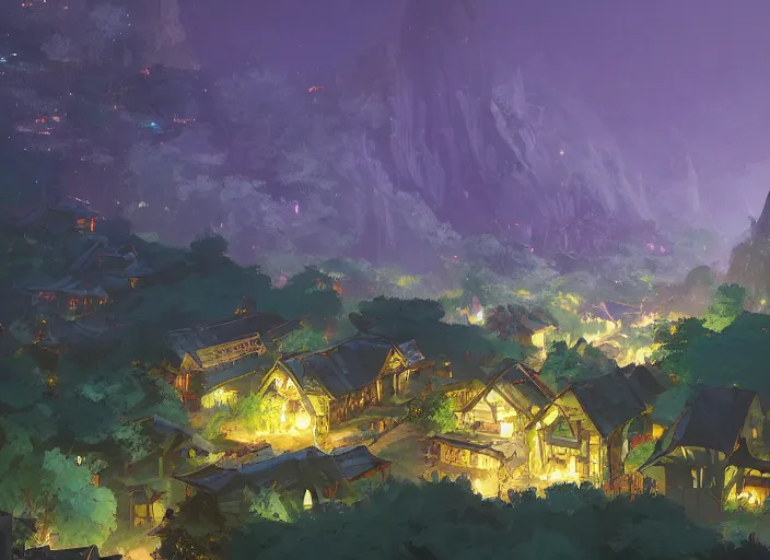 Prompt: concept art painting of a small woodland village at midnight, by a river in a mountain valley seen from above, night time, european japanese buildings, cel shaded, realistic, by makoto shinkai and moebius and anton fadeev and greg rutkowski and james gurney