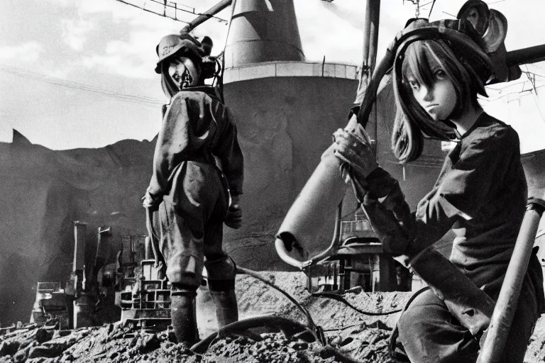 Image similar to anime catgirl working in a coal mine, 3 5 mm historical photography