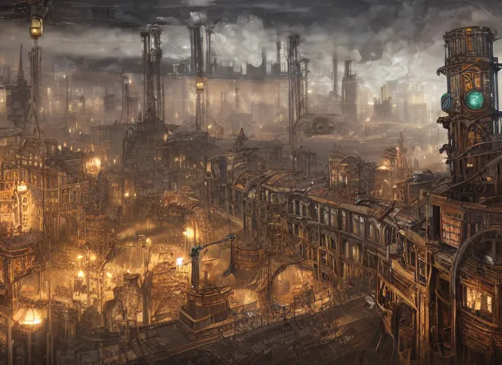 Prompt: highly detailed image of a steampunk city, industrial revolution, trending on artstation, concept art