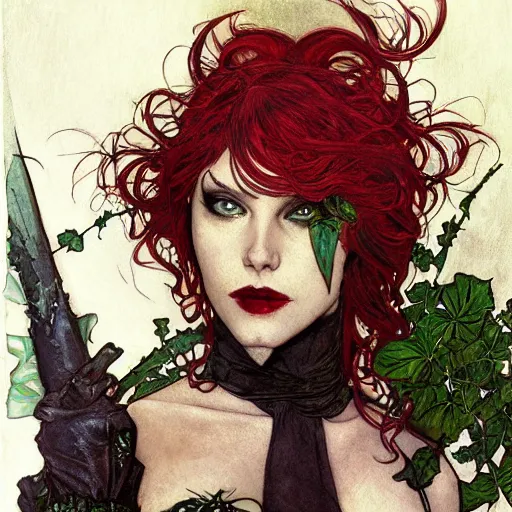 Image similar to a beautiful painting of poison ivy dressed as a teenage vampire, leather armored, dark eyeliner, intricate, elegant, highly detailed, digital painting, artstation, concept art, matte, sharp focus, illustration, art by rebecca guay and by arthur rackham and by alphonse mucha and by john william waterhouse