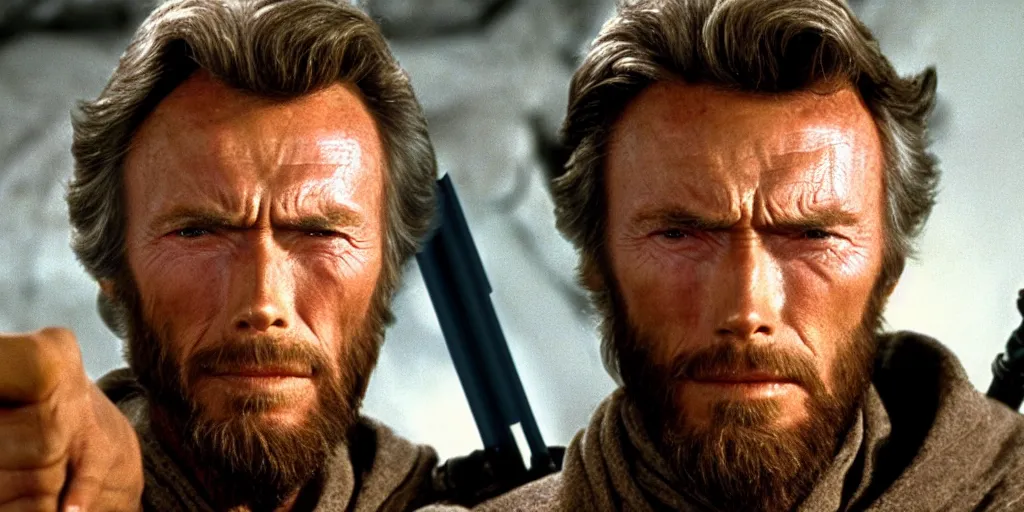 Image similar to Still of Clint Eastwood as jedi master Obiwan kenobi!!!!. in Star Wars (1977). detailed eyes. medium shot, technicolor. light saber