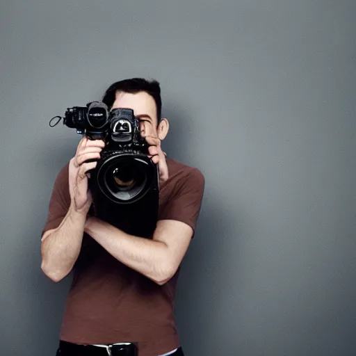 Image similar to stunning commercial self portrait of the photgrapher with his camera, muted colors, beautiful composition, 85mm f1.8