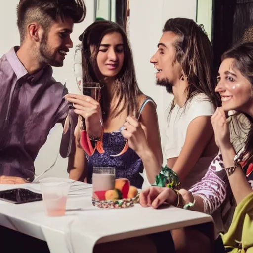 Image similar to four young adults are in a party in italy, they all have similar accessories and themed clothing, they are sharing the same items